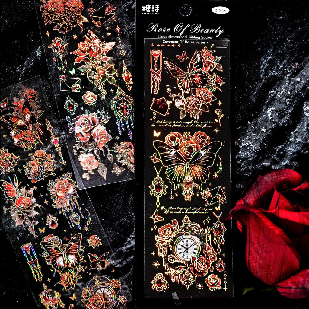 3 Pcs Rose Themed PET Stickers MGZY