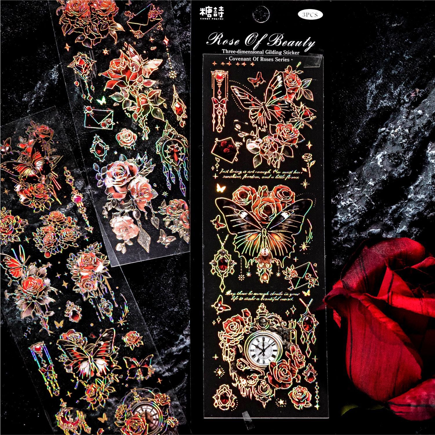 3 Pcs Rose Themed PET Stickers MGZY