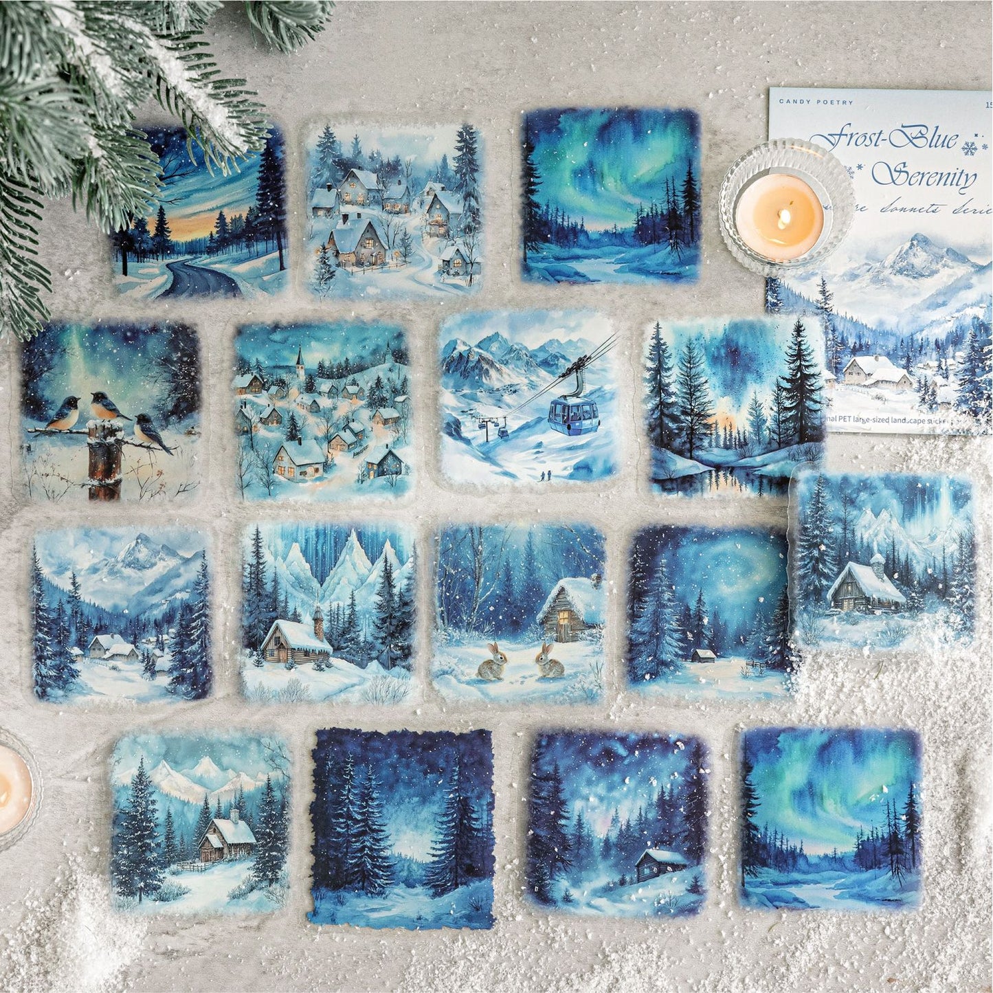 15 Pcs Winter Aurora Themed PET Stickers XJSP
