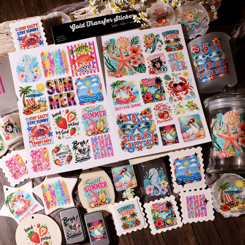 2 Sheets Waterproof Rub on Stickers - Summer