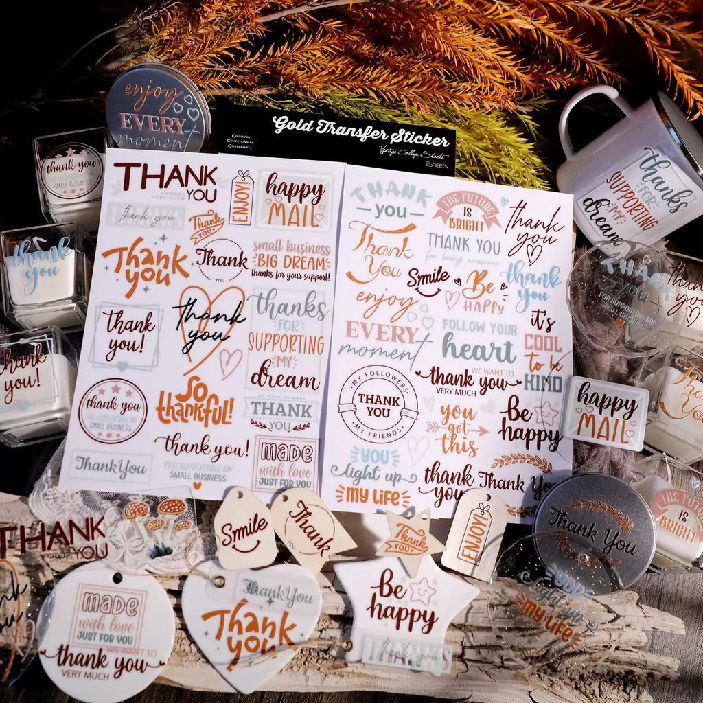 2 Sheets Waterproof Rub on Stickers - Thank You