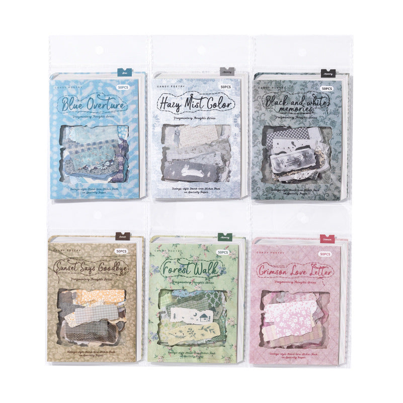 50 Pcs Japanese Vintage Hand-Torn Washi & Linen Stickers - Dark