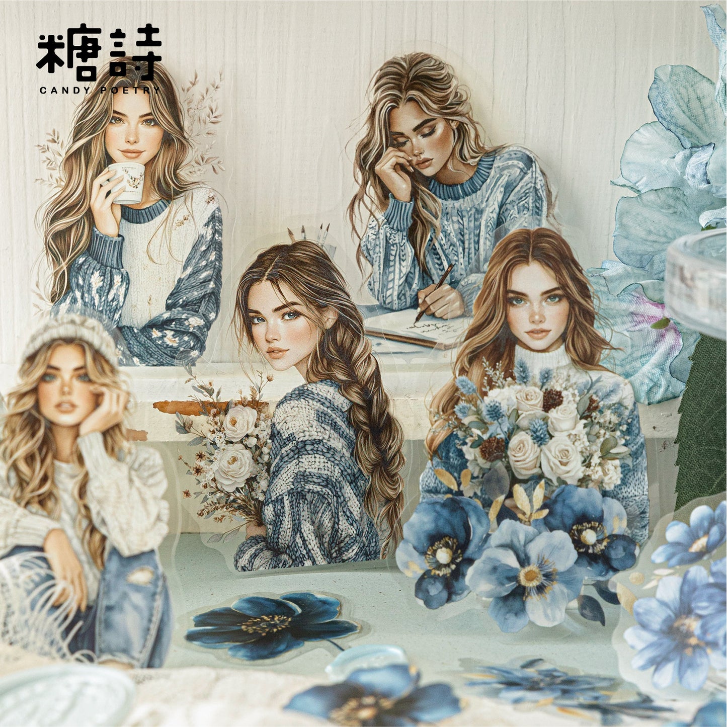 40 Pcs Cozy Girl and Flower PET Stickers FHXH