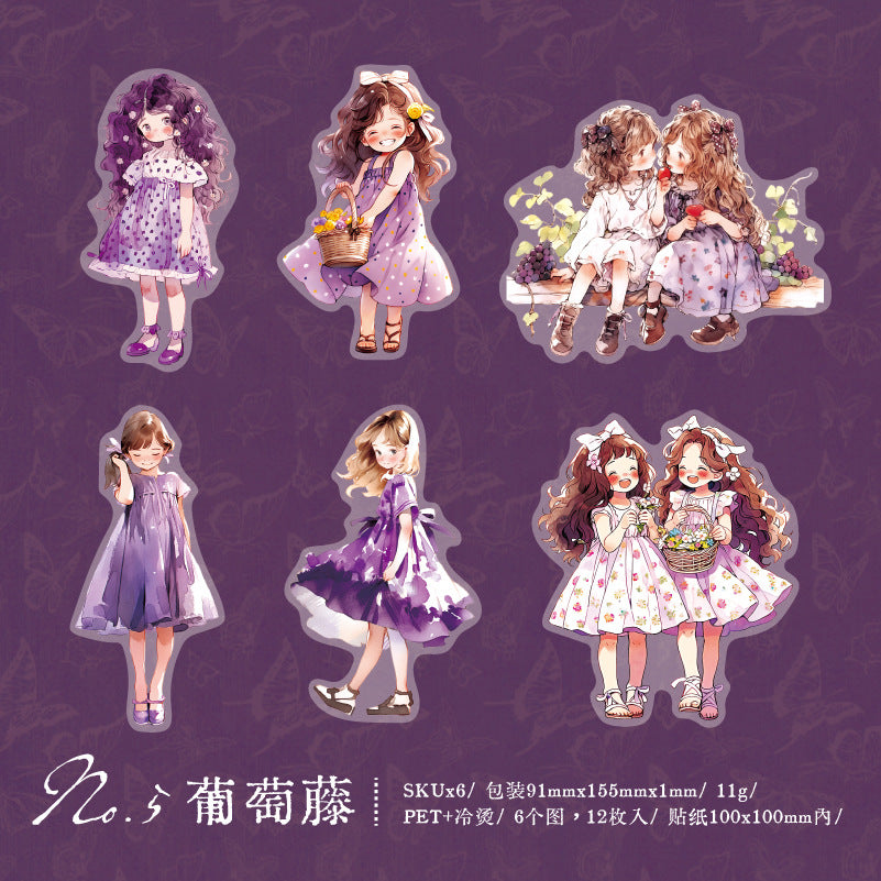 12 Pcs Cute Girl PET Stickers XRKAD