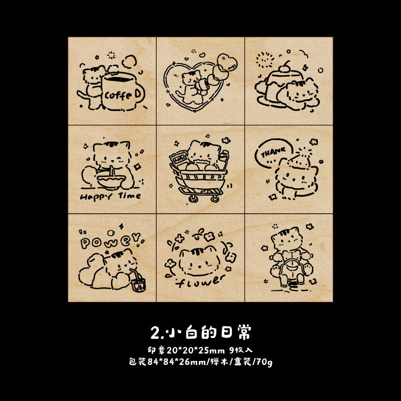 9 Pcs Cat and Bear Wooden Stamp Set MSHRJ