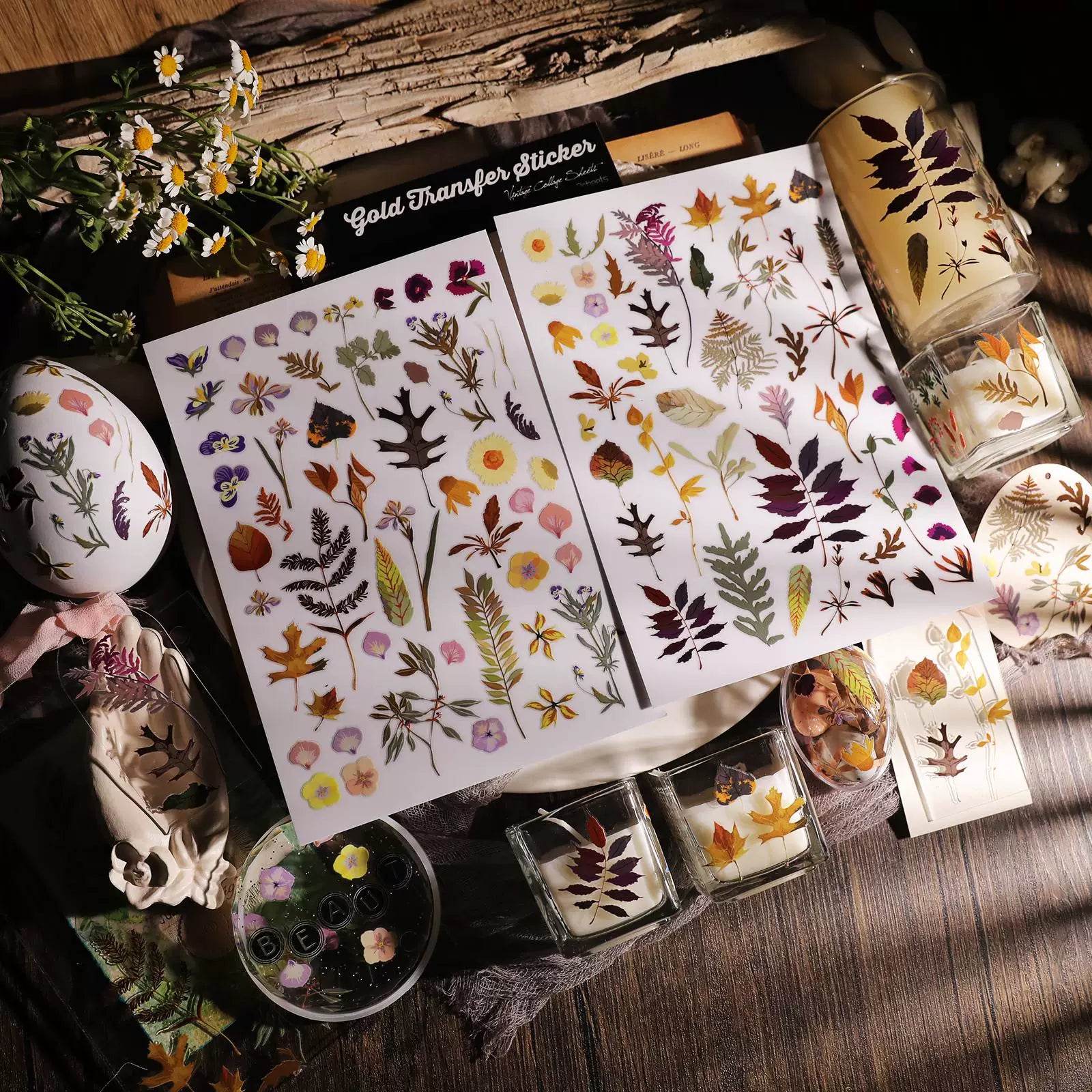 2 Sheets Waterproof Rub on Stickers - Pressed Leaf