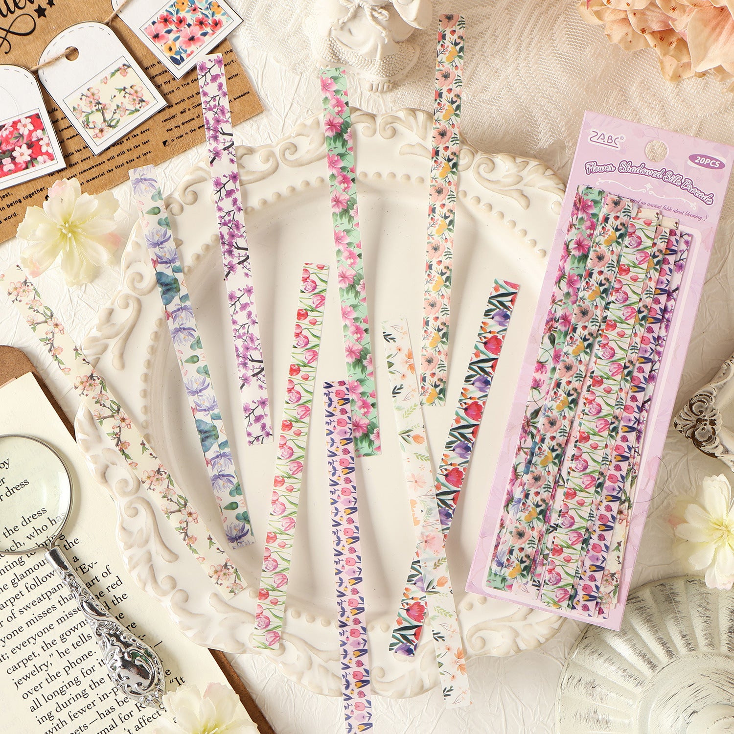 20 Pcs Floral Stripe PET Stickers HXCY