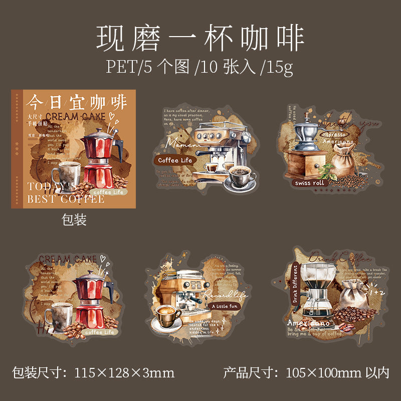 10 Pcs Coffee Themed PET Stickers JRYKF