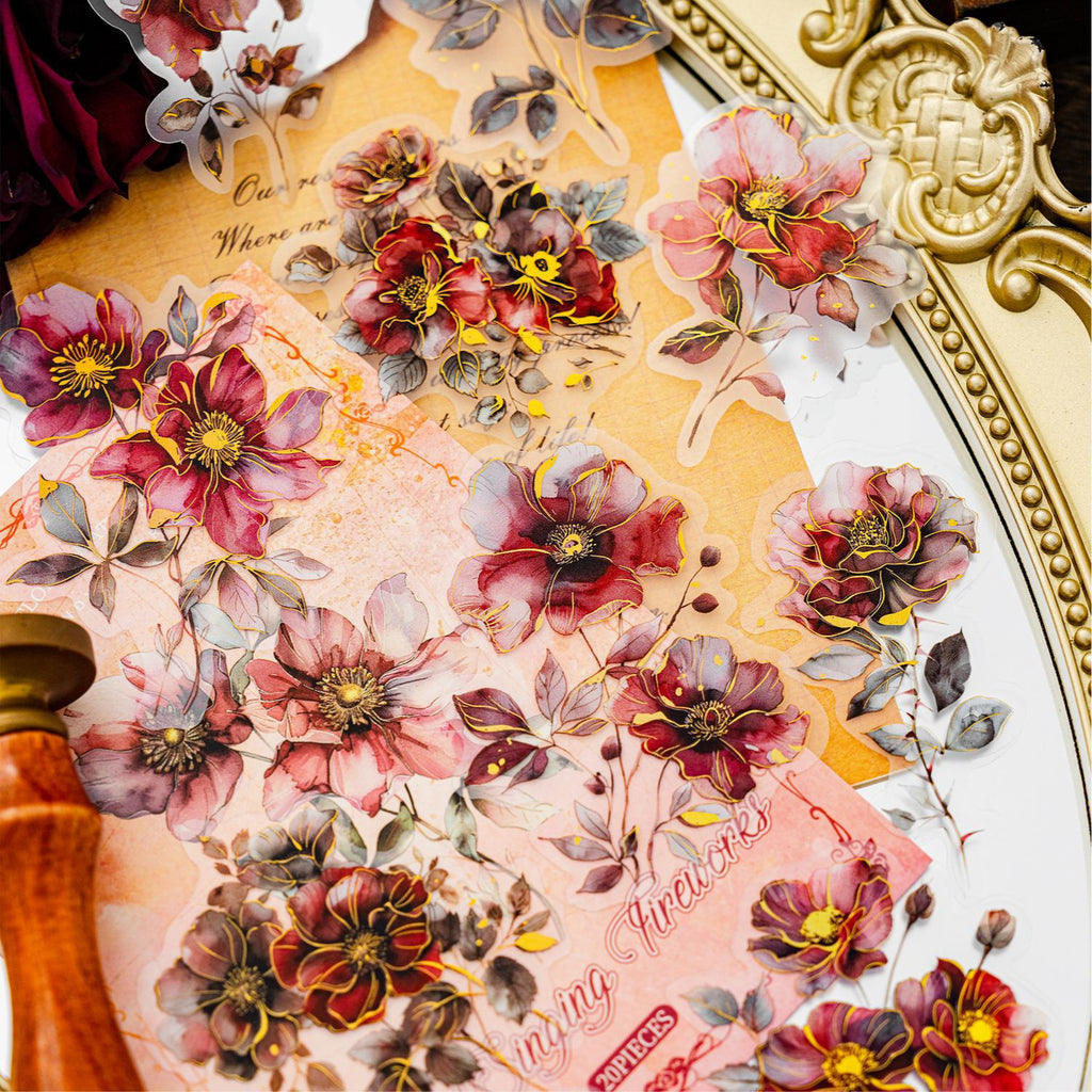 20 Pcs Glitter Flower PET Stickers FHZX