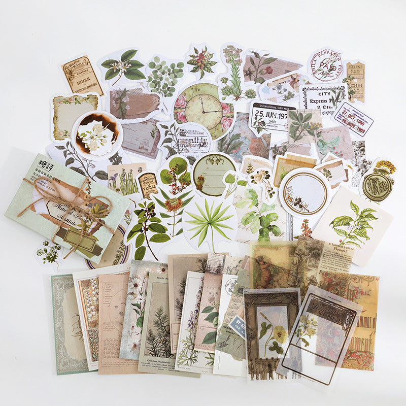 60 Pcs Vintage Botanical Junk Journal Kit