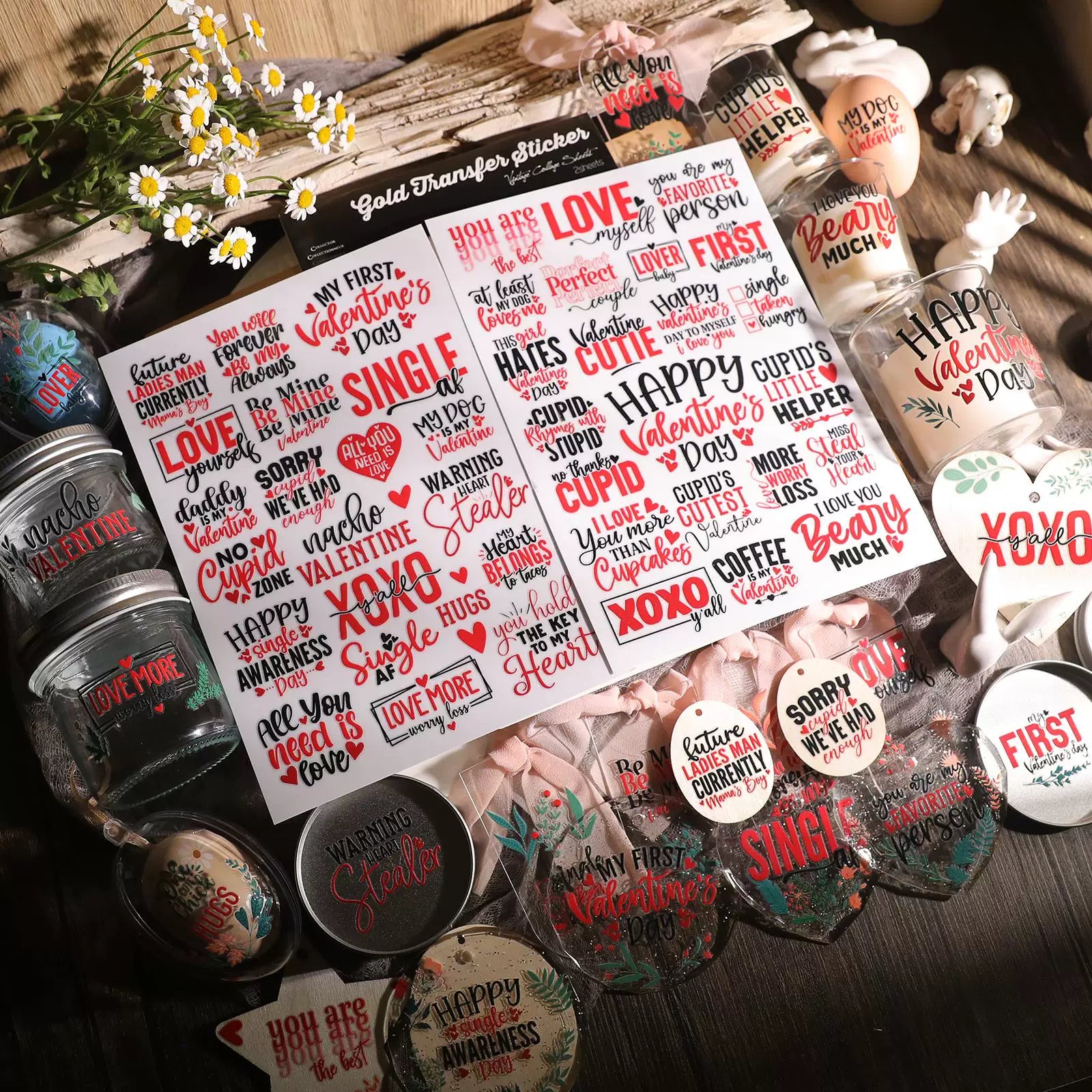 2 Sheets Waterproof Rub on Stickers - Valentine's Day