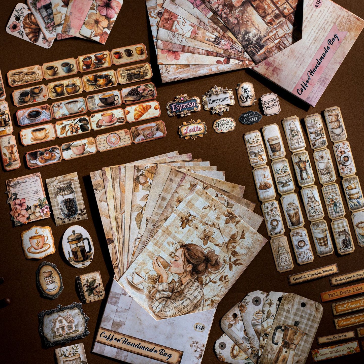 45 Pcs Coffee Themed Journal Paper and Stickers Kit KFSZB