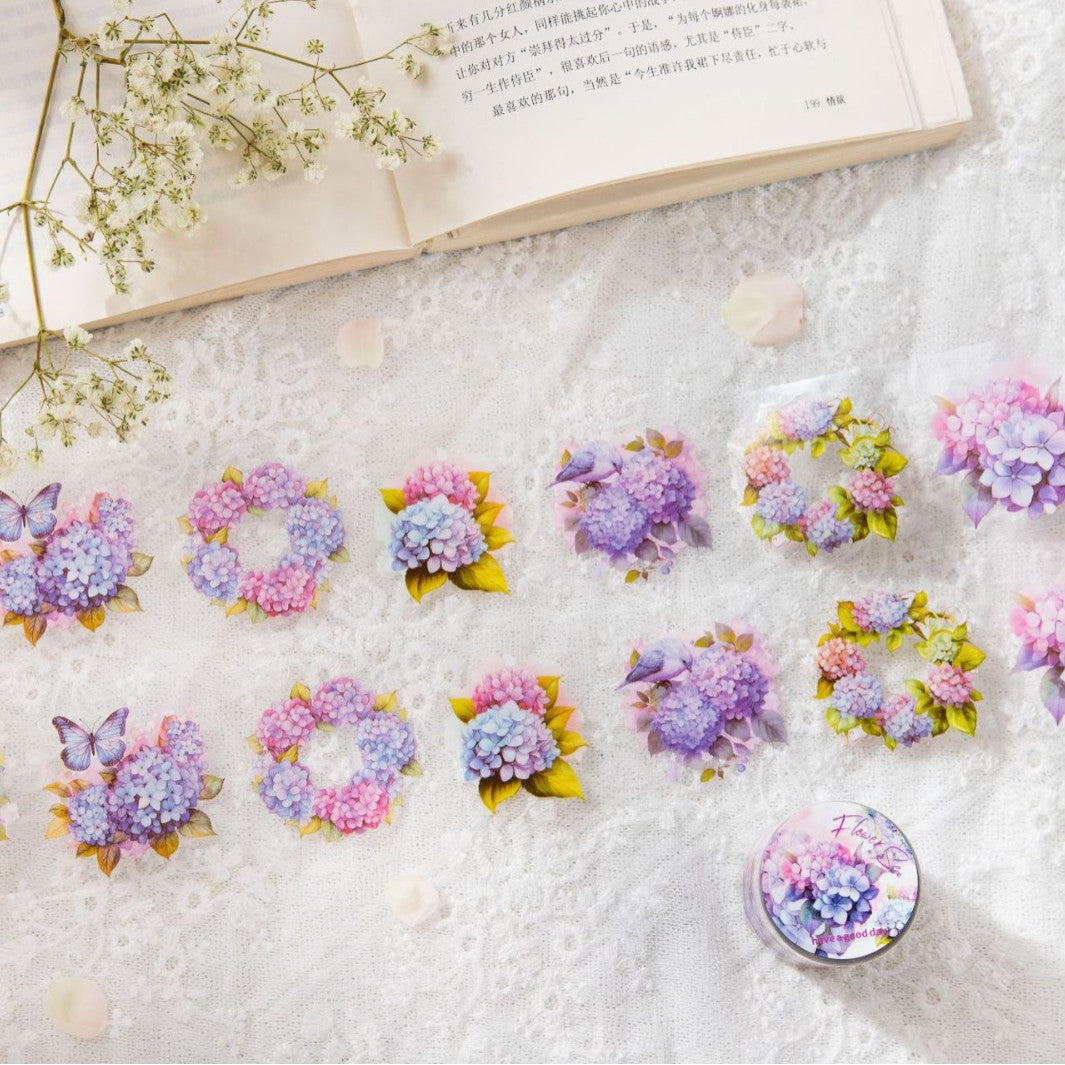 Romantic Watercolor Botanical Wreath Die-Cut PET Tape - Hydrangea