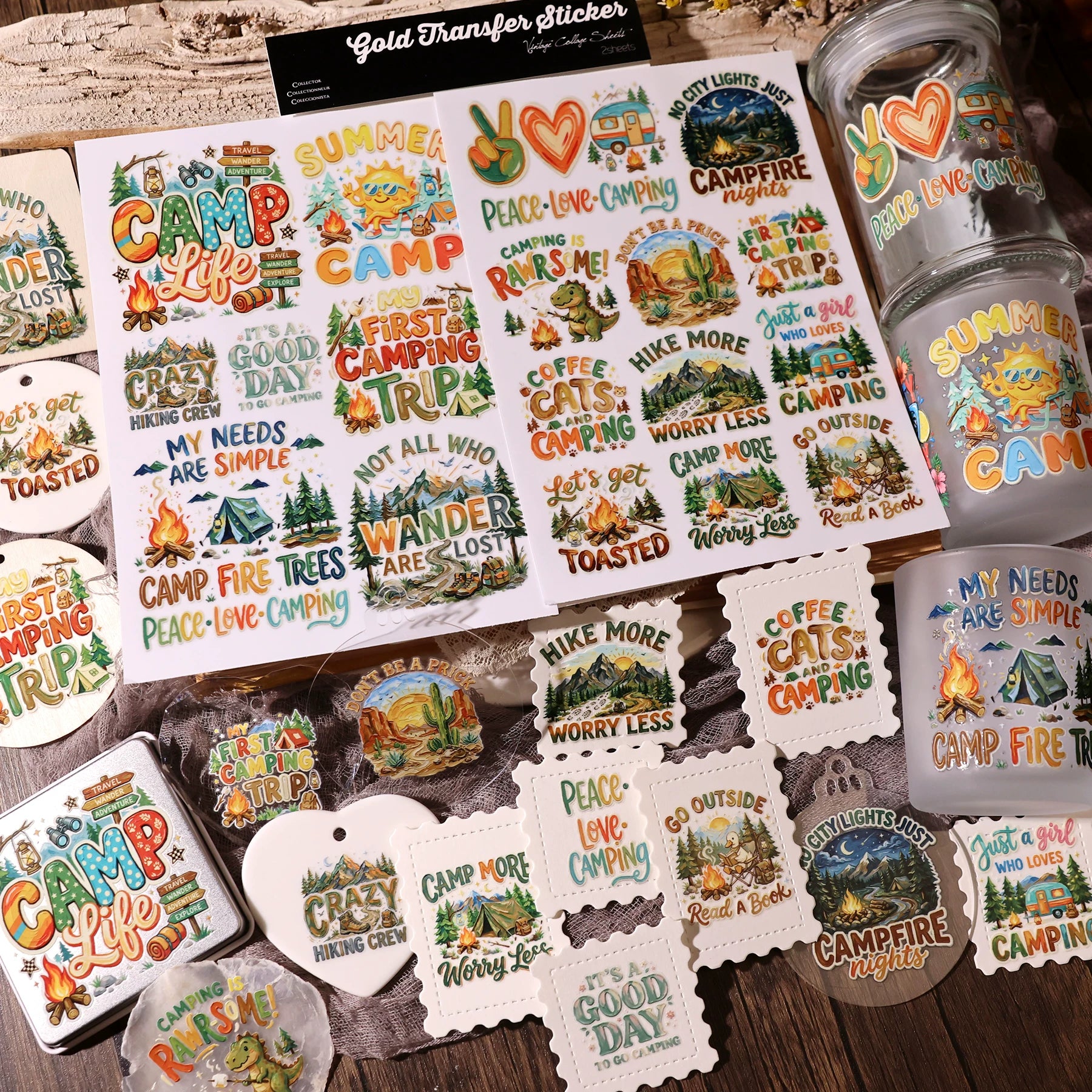 2 Sheets Waterproof Rub on Stickers - Camping