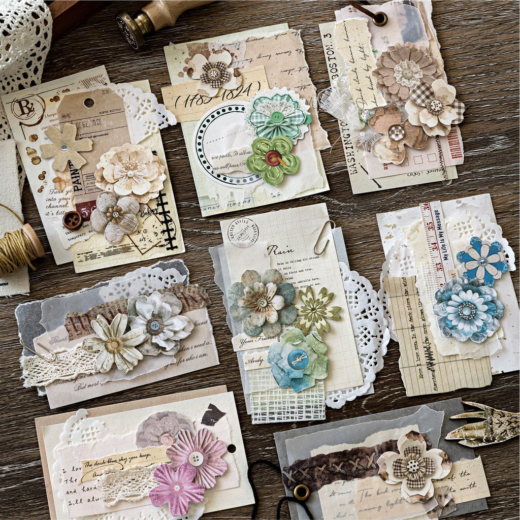 50 Pcs Vintage Handmade Fabric Button Floral Stickers- Blue