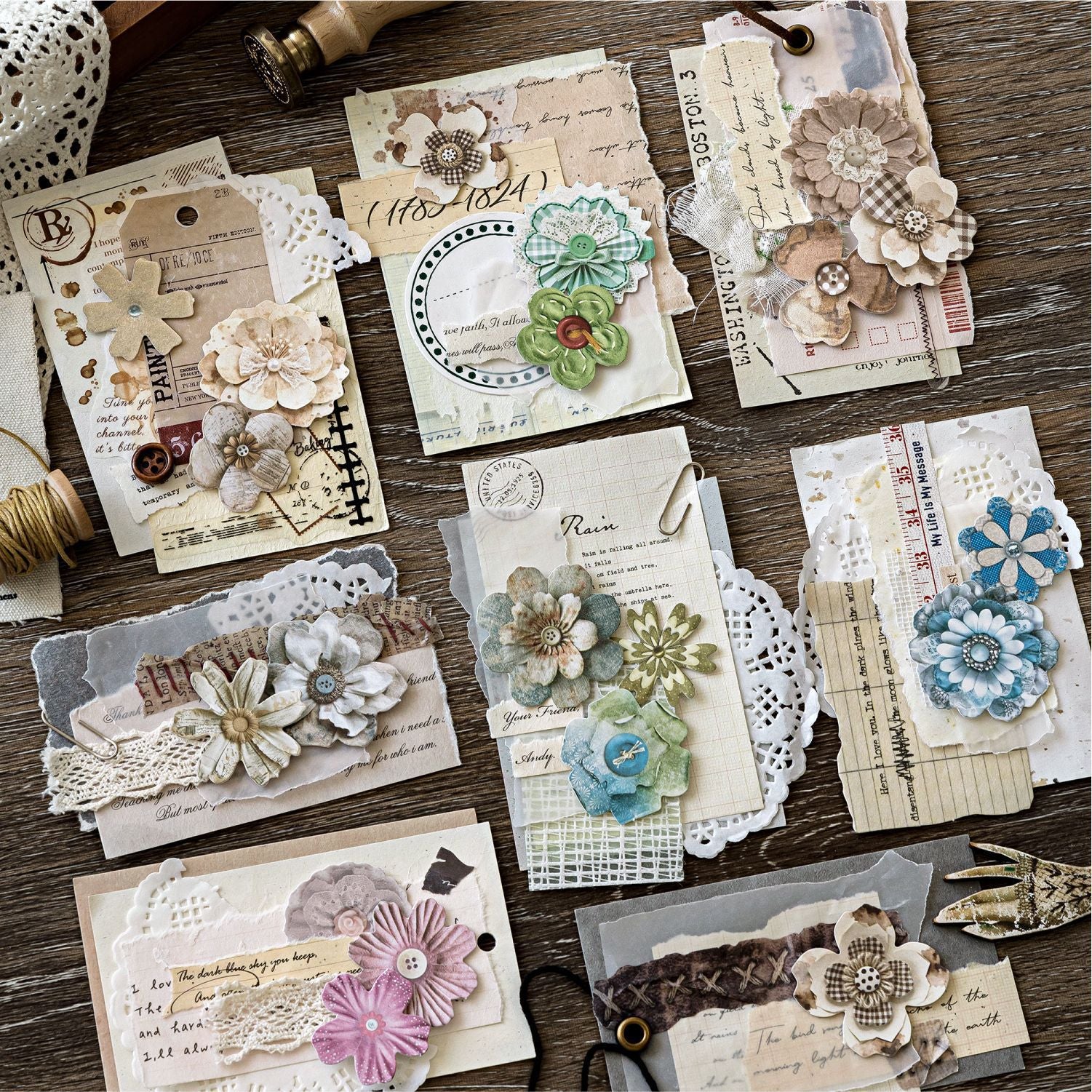 50 Pcs Vintage Handmade Fabric Button Floral Stickers- Blue