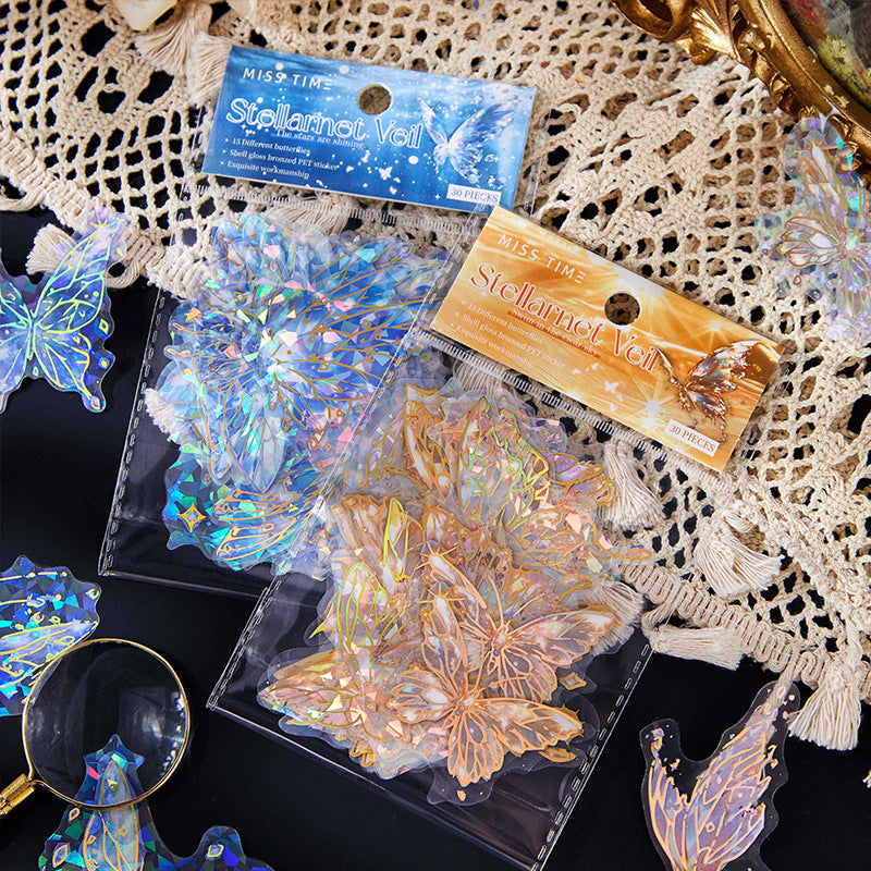 30 Pcs Shell Light Butterfly PET Stickers XMDL