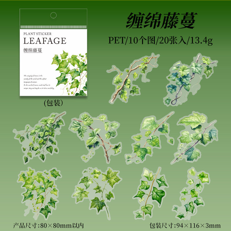 20 Sheets Green Leaf Vine PET Stickers YYZR