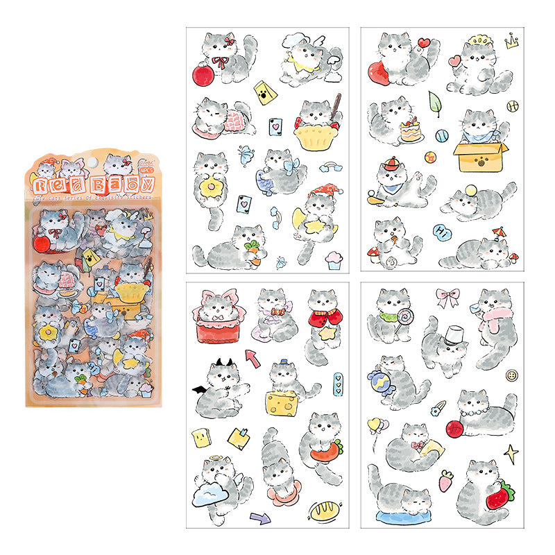 4 Pcs Kawaii Cartoon Cats PET Stickers - Red