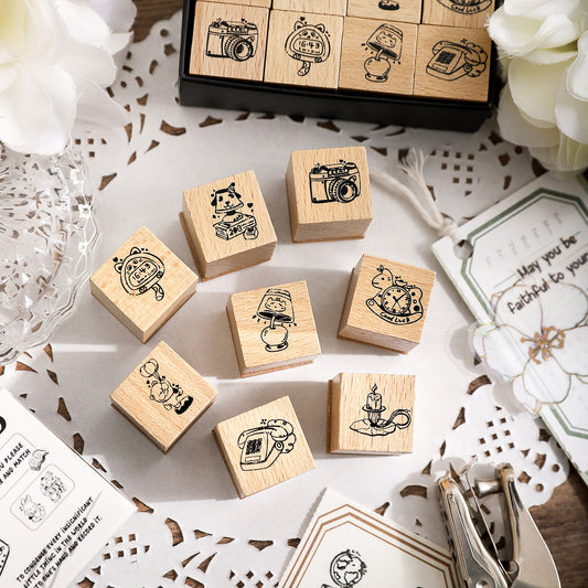 8 Pcs Cute Gadget Wooden Stamp Kit MKQX
