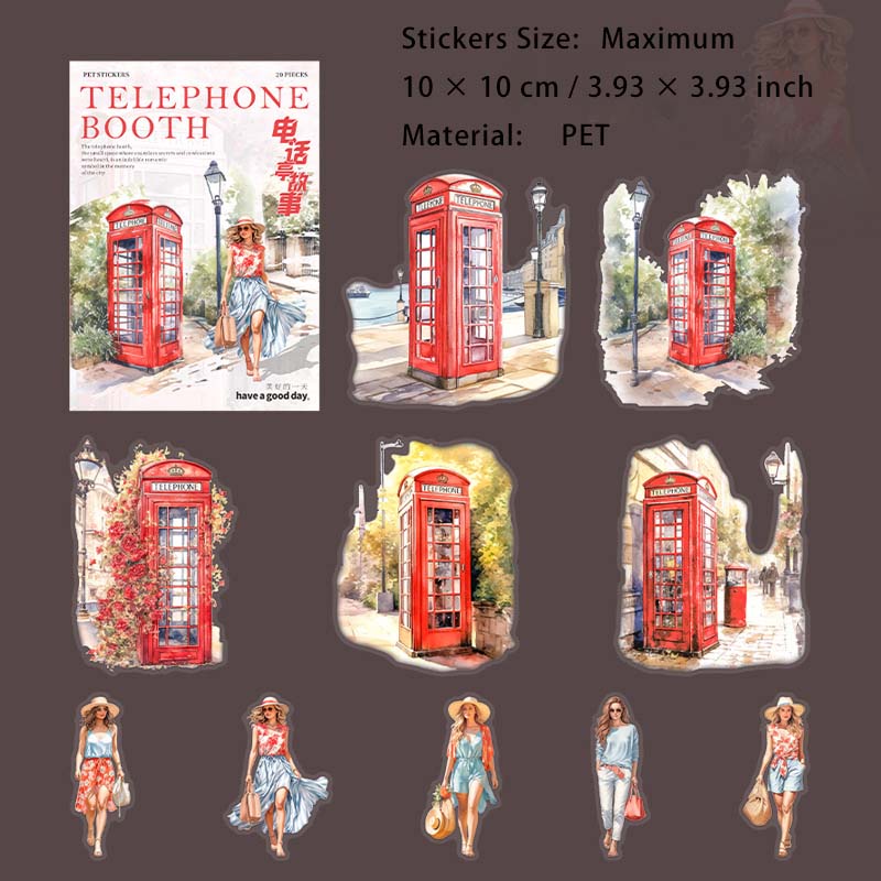 20 Pcs Flroal Telephone Booth Girl PET Stickers DHTGS