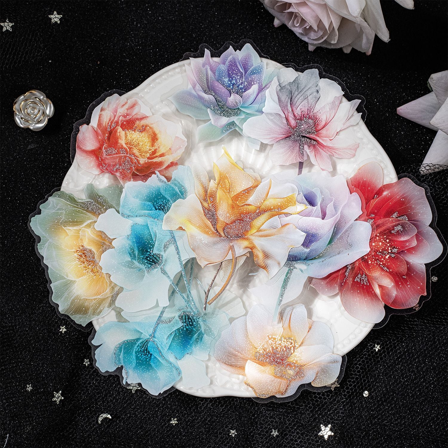 20 Pcs Silver Foil Flower PET Stickers LGHF