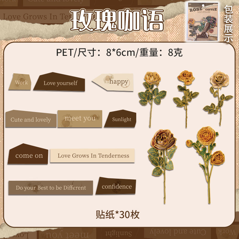 30 Pcs Rose and Word PET Stickers GJMG