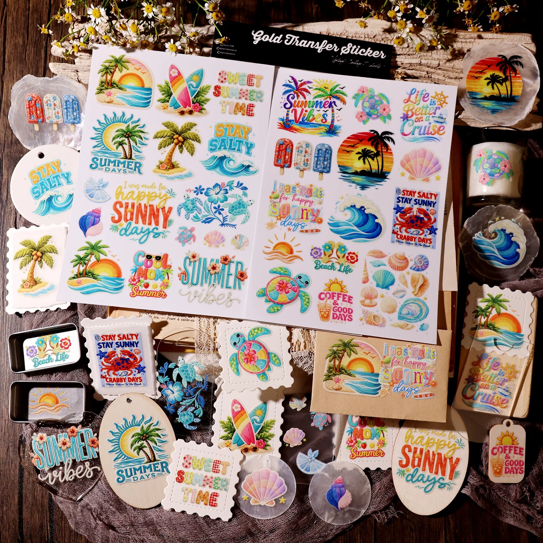 2 Sheets Waterproof Rub on Stickers - Summer Beach