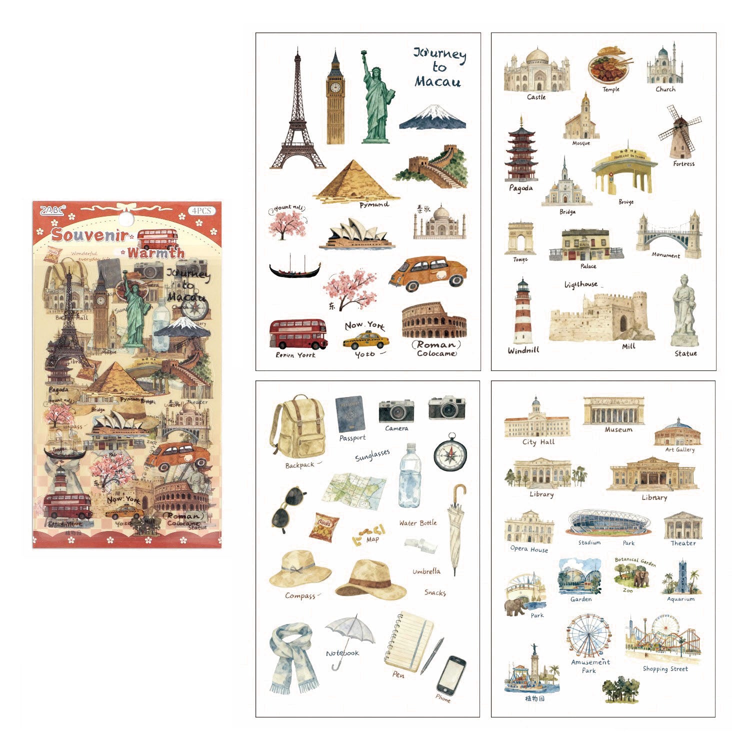 4 Pcs Everyday Journal PET Stickers - World Travel