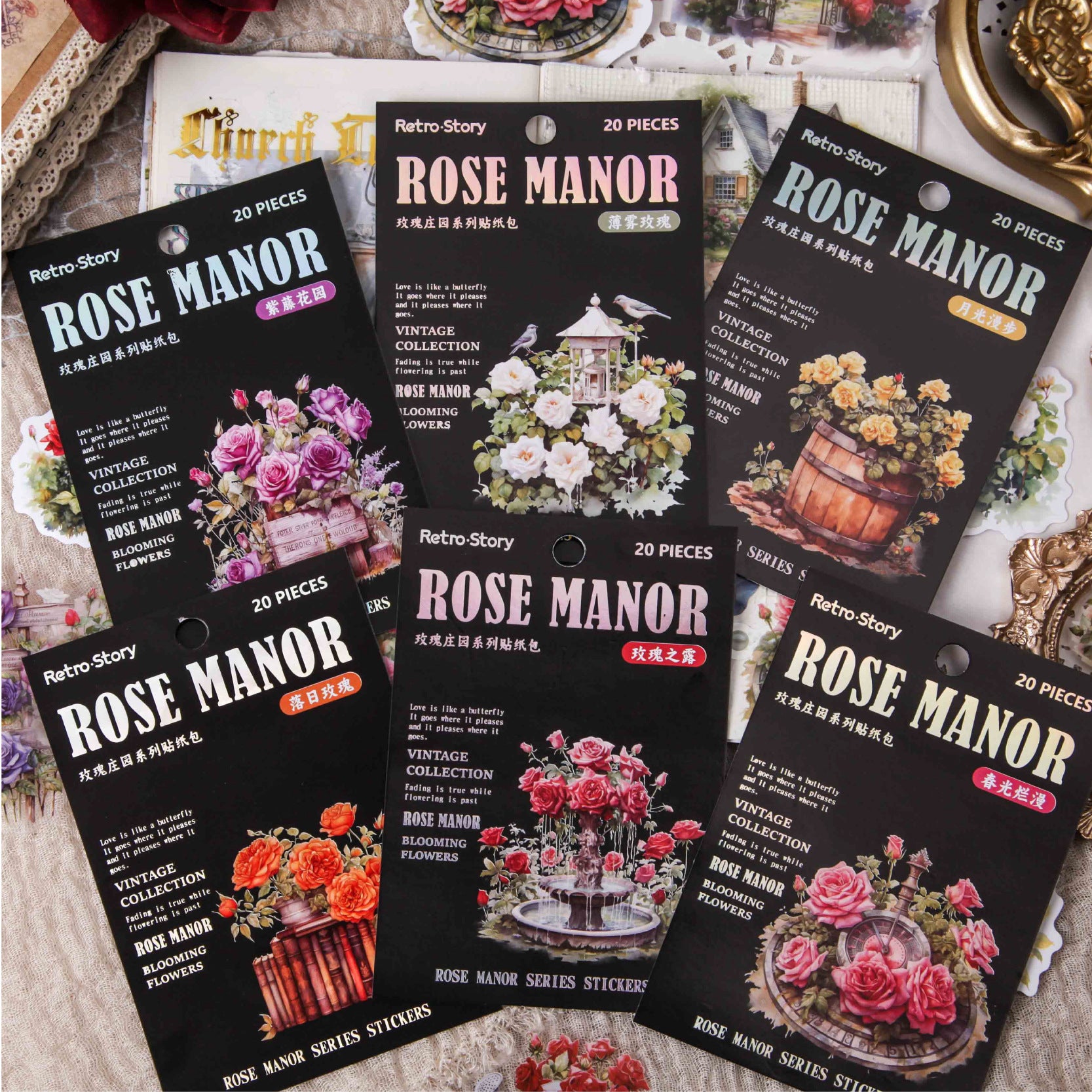 20 Pcs Rose Theme PET Stickers MGZY