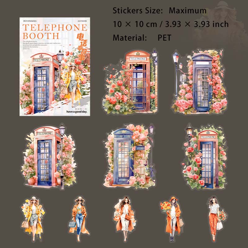 20 Pcs Flroal Telephone Booth Girl PET Stickers DHTGS