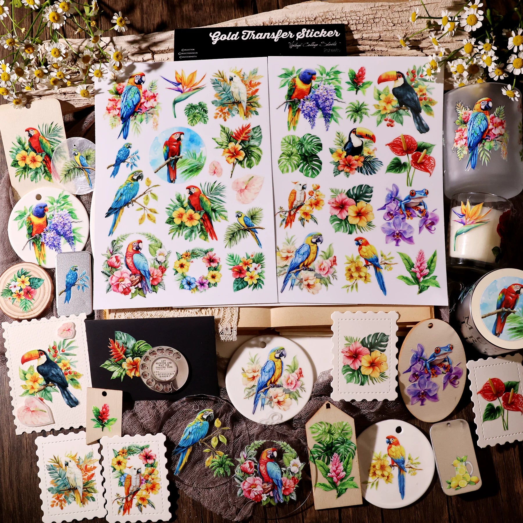 2 Sheets Waterproof Rub on Stickers - Tropical Parrot