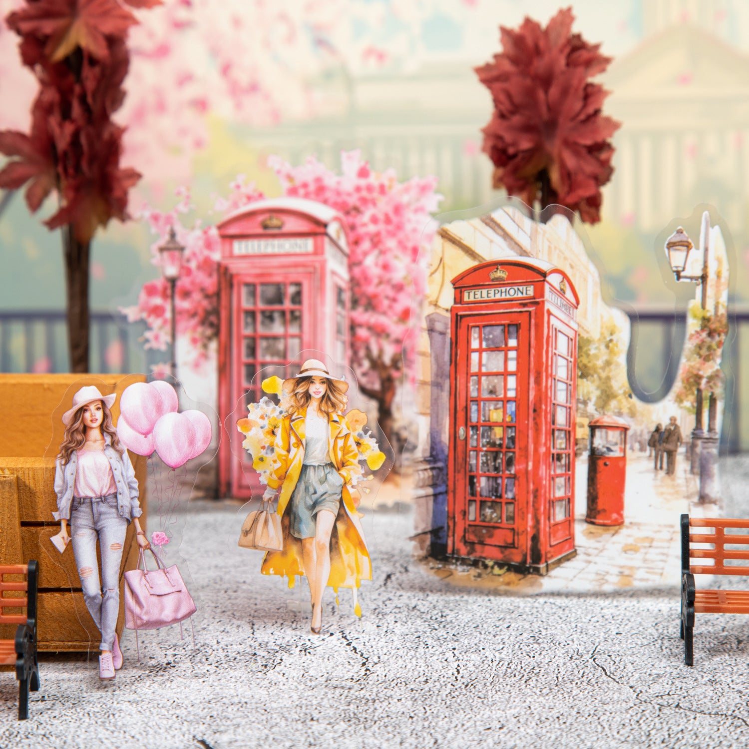20 Pcs Flroal Telephone Booth Girl PET Stickers DHTGS