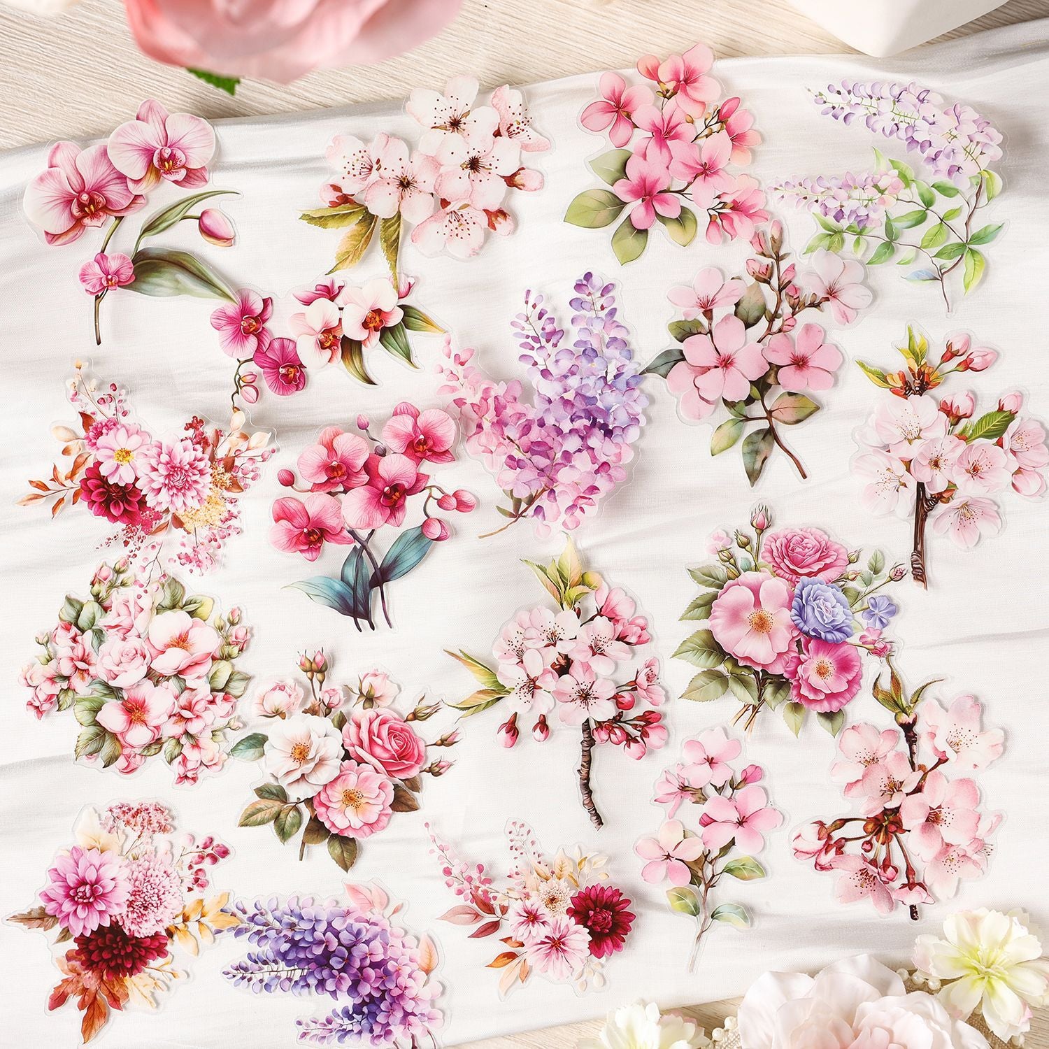 20 Pcs Pink Flower PET Stickers HMJJ