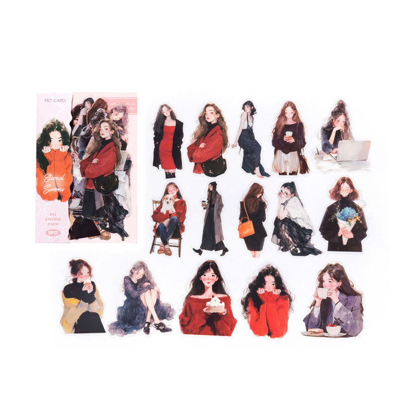 30 Pcs Korean Watercolor Fashion Girl PET Stickers KXSKD