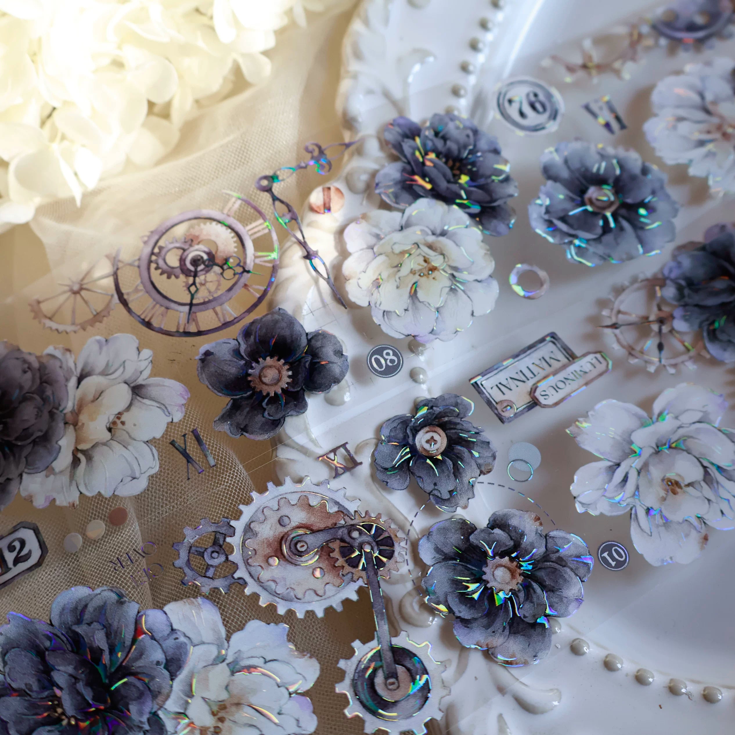 Floral Decorative Tape Rolls- Smoky Ink Blanc