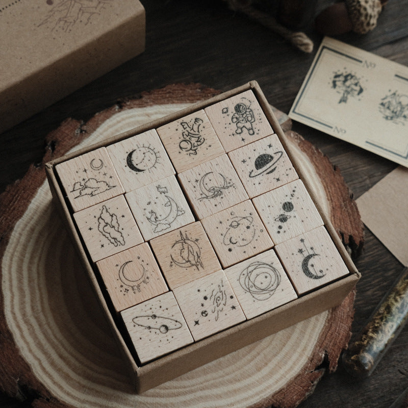 12 Pcs Astro-Chronicles Vintage Celestial Planet & Weather Stamp Set