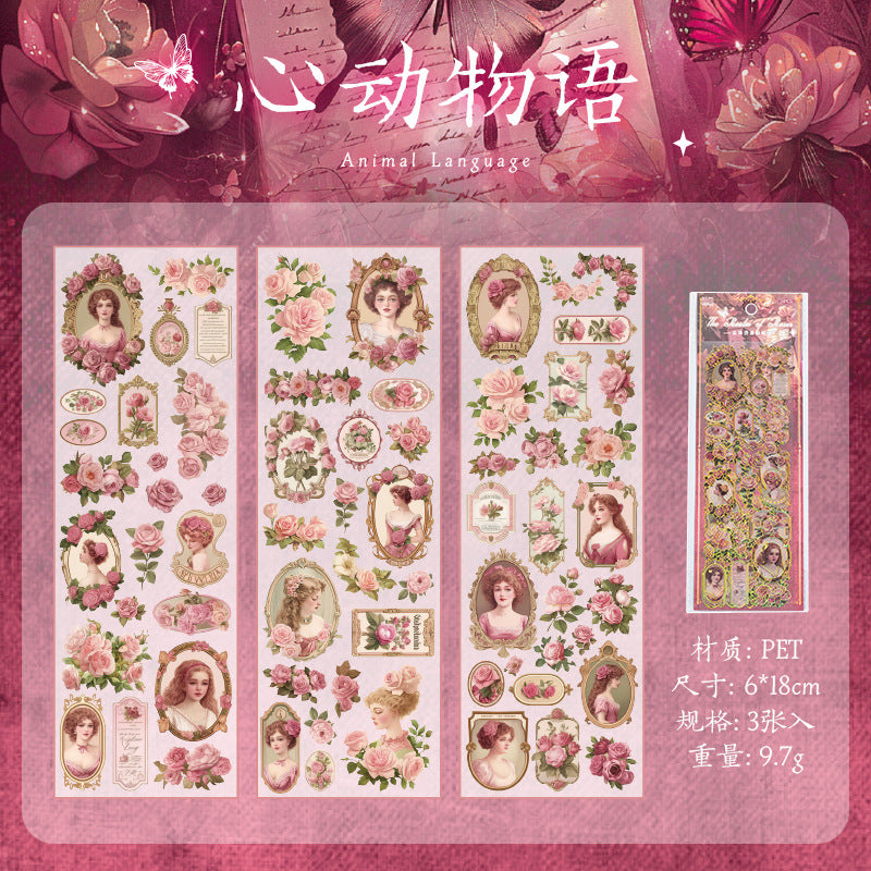 3 Sheets Rose and Lady PET Stickers QWZJ