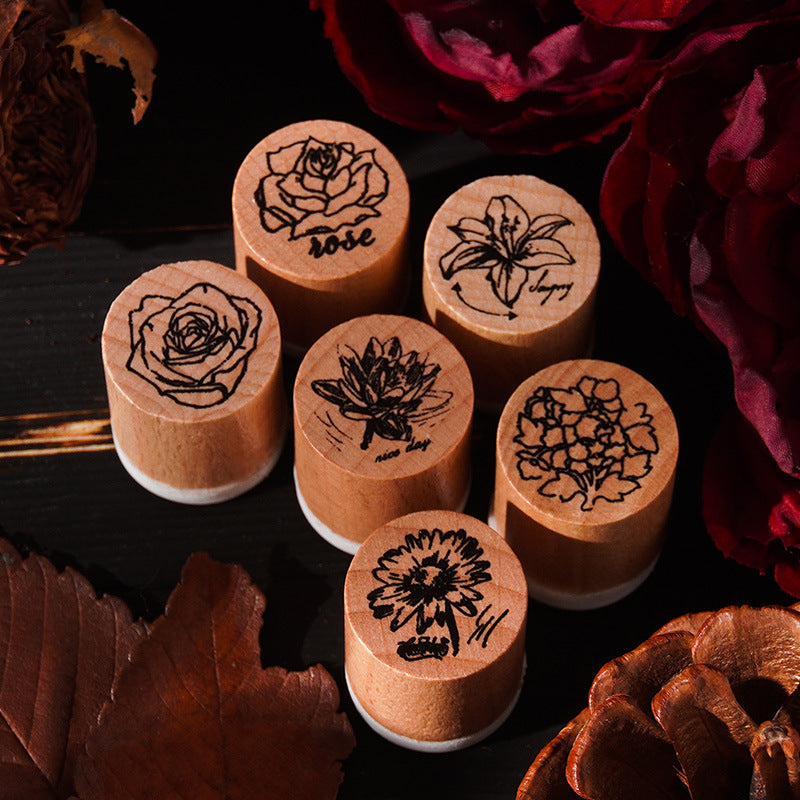 6 Pcs Flower Words Wooden Stamps Set JSSG