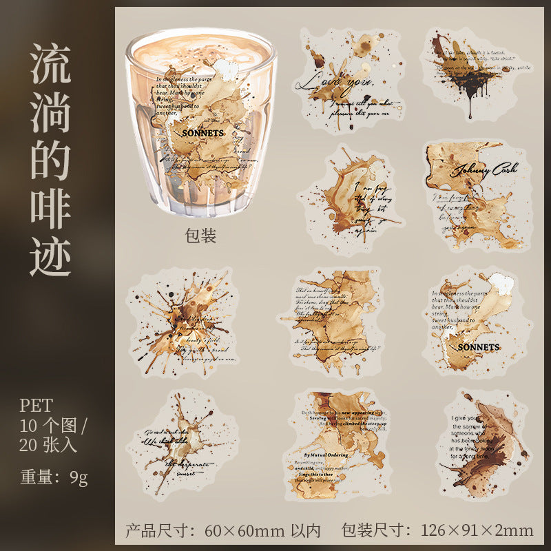 20 Pcs Coffee Stained Theme PET Stickers KFHJ