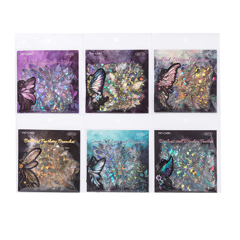 20 Pcs Glitter Butterfly Feather PET Stickers LKJY