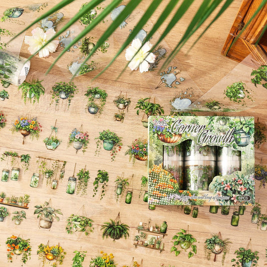 6 Rolls Potted Plants PET Stickers Tapes Set YYCS
