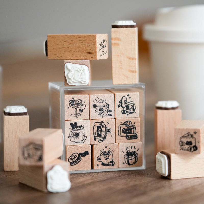 9 Pcs Creative Wooden Stamp Set MNMX