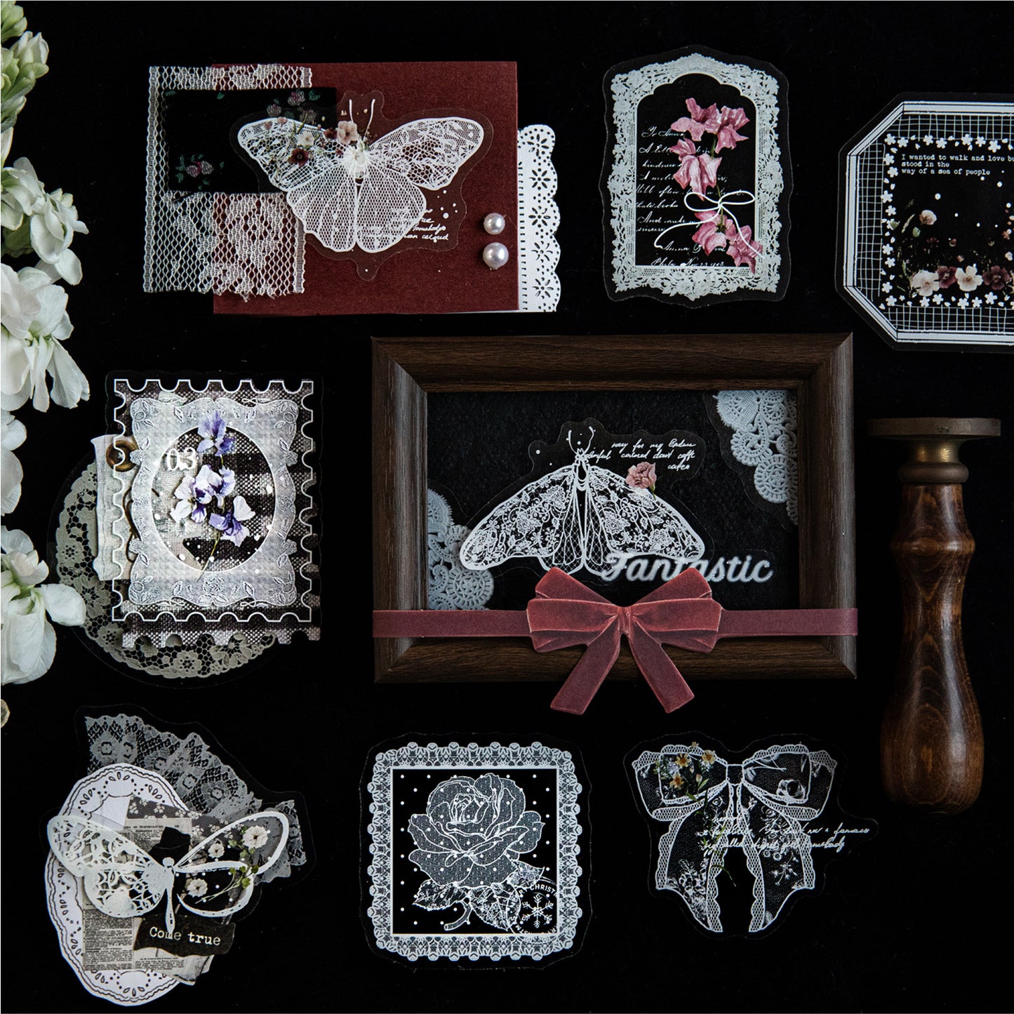 20 Pcs Lace Edged Floral PET Stickers LSHBWQ