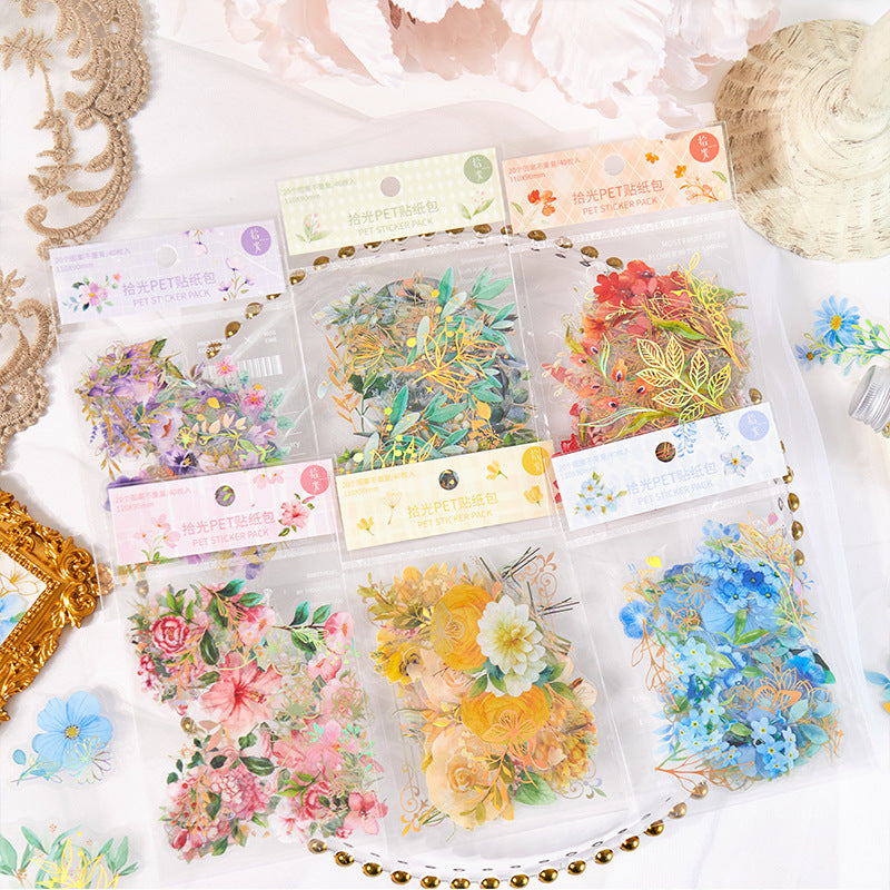 30 Pcs Gold Foiled Flower PET Stickers