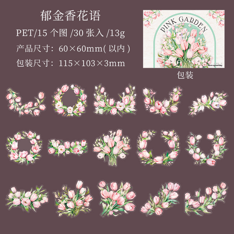 30 Pcs Pink Flower PET Stickers FZHY