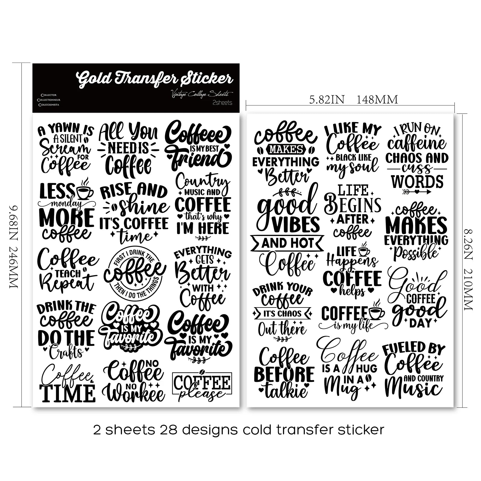 2 Sheets Waterproof Rub on Stickers - Coffee Words