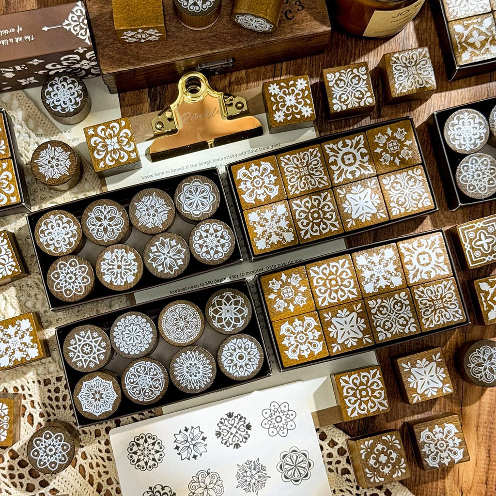 8 Pcs Vintage Geometric Wooden Stamp Kit KWCZ