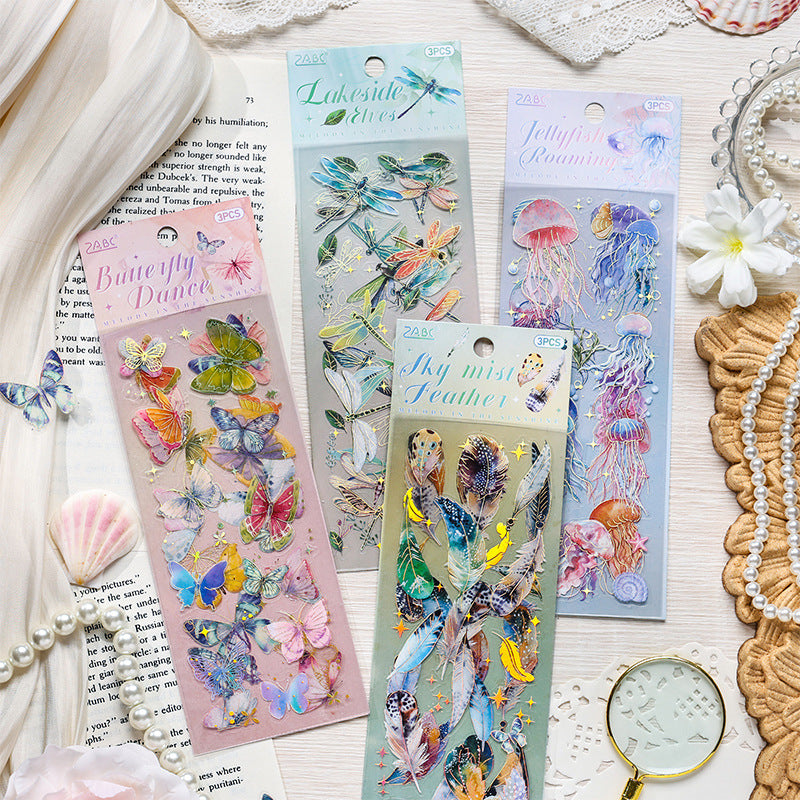 3 Sheets Feather Jellyfish PET Stickers LGMY