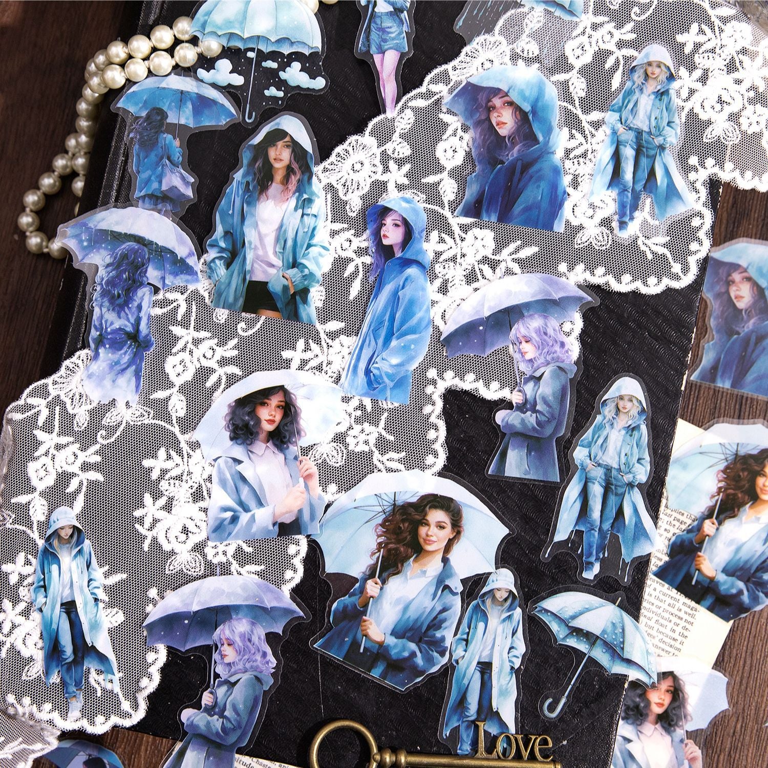 30 Pcs Rainy Umbrella Firl PET Stickers YYMM